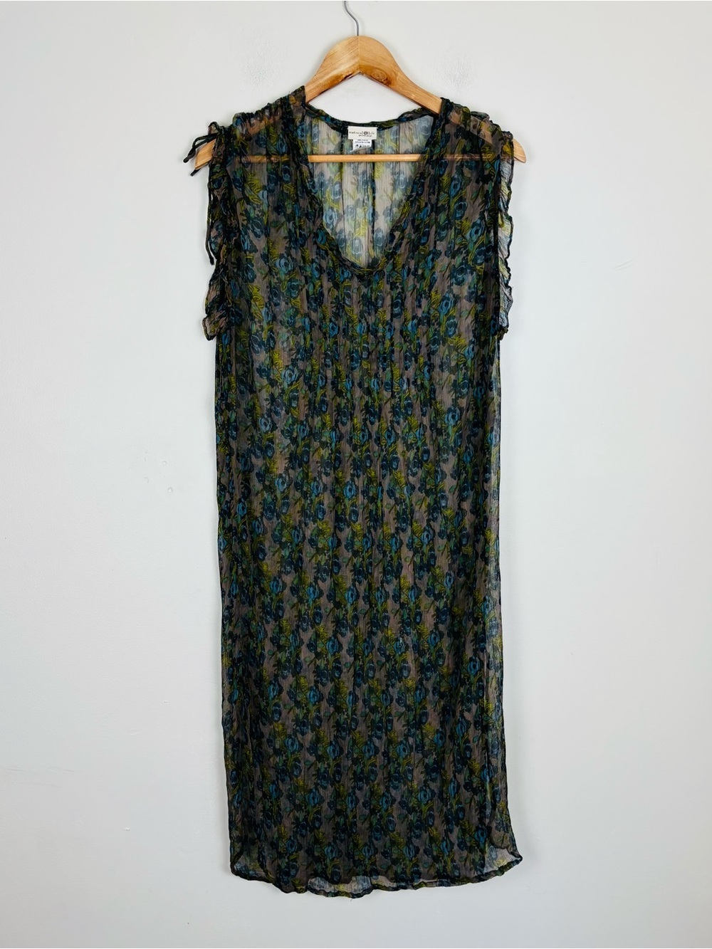 Natural Life sheer ruffle sleeve green blue and blush floral midi dress. Large